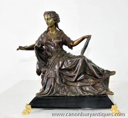 Classic Italian Reclining Maiden Lyre Bronze Statue Figurine